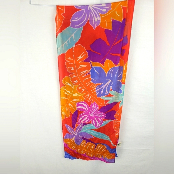 Vibrant Orange Multicolored Floral Silk Scarf - Picture 1 of 5